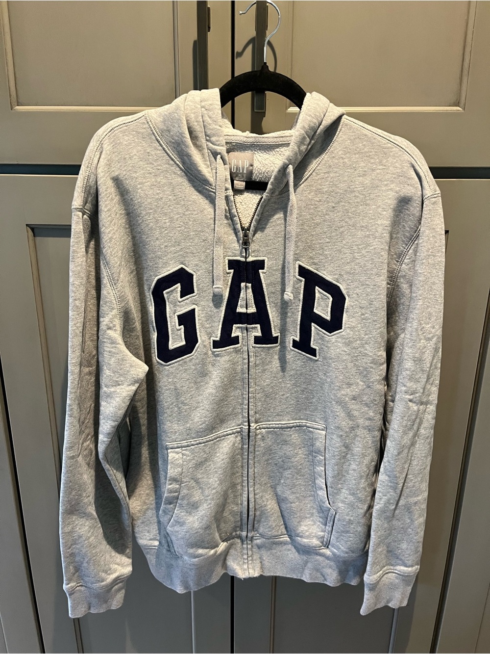 GAP Light Gray Zip Hoodie with Navy Lettering